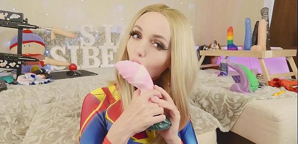  Amateur teen in suit Captain Marvel tests new toys Bad Dragon Sia Siberia